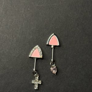 Titanium Helix & Cartilage Earrings | Pink Ears Design | Crystal & Cross Accents | High-Polish G23 Medical Grade